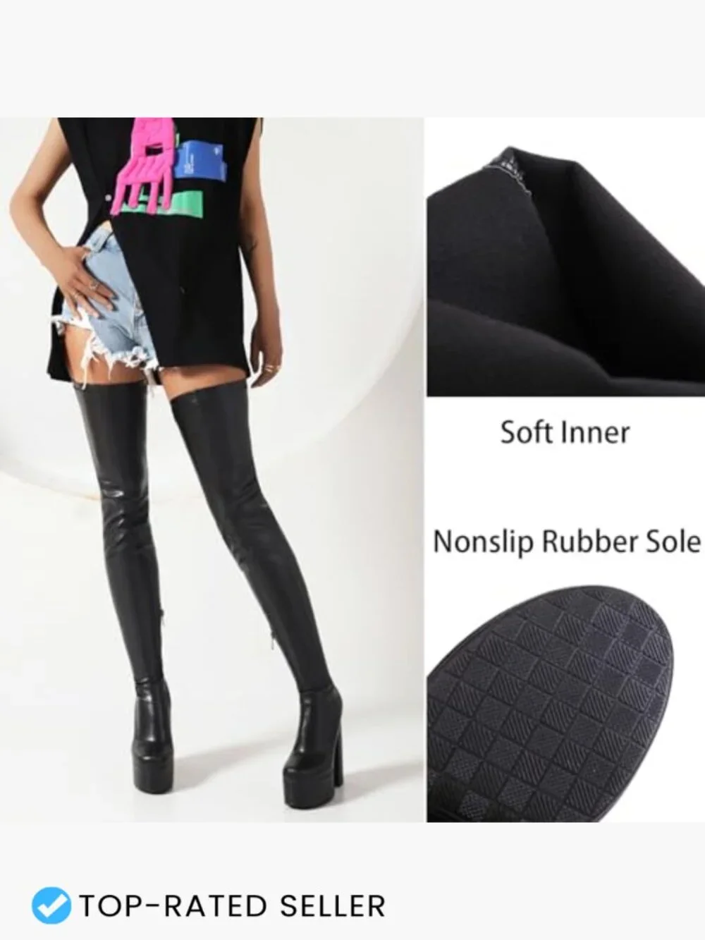 Thigh High Over-the-Knee Boots Faux Leather Stretch Block Heel Y2K Fashion